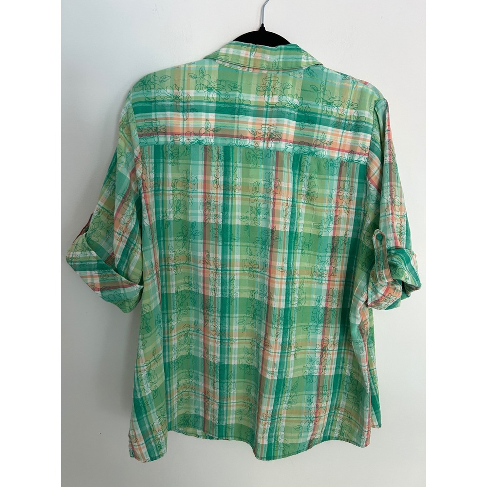 Alia Women Green Plaid Floral Button Up Shirt Short Sleeve Tab Textured Top - Picture 9 of 9
